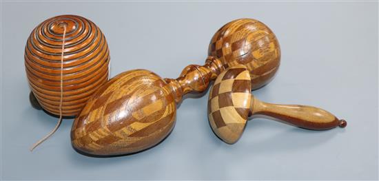 A group of treen including a beehive string box